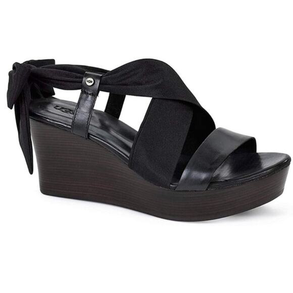 UGG Sedona Black Tie Strap Wedge Heel Sandals Genuine Leather Size 8 Summer Boho - Picture 1 of 16